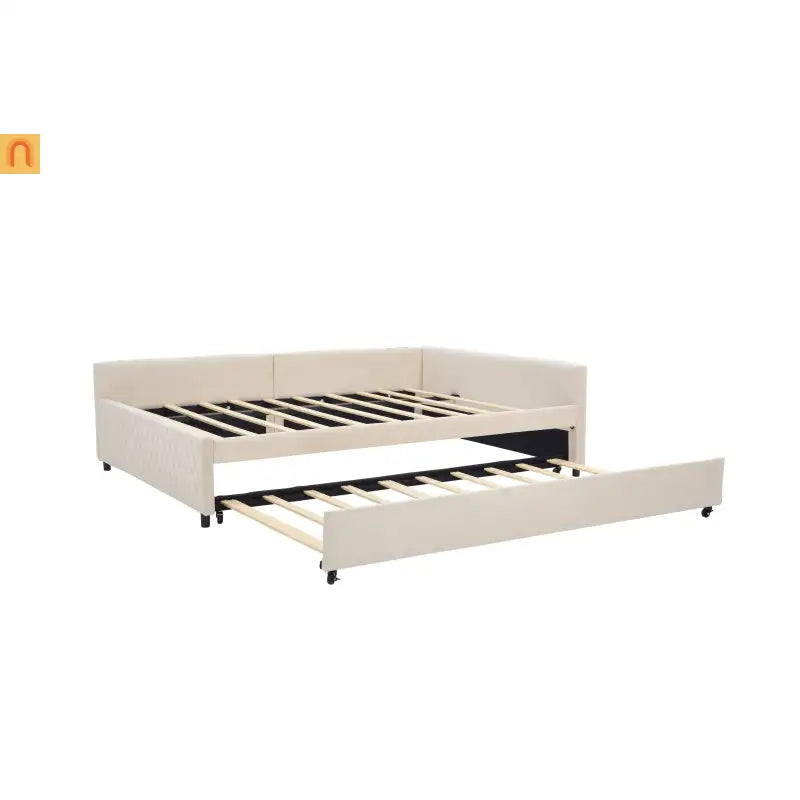 Bed Frame Daybed Velvet Beige Diamond Grid Pull-Out Trundle Full