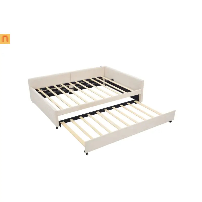 Bed Frame Daybed Velvet Beige Diamond Grid Pull-Out Trundle Full