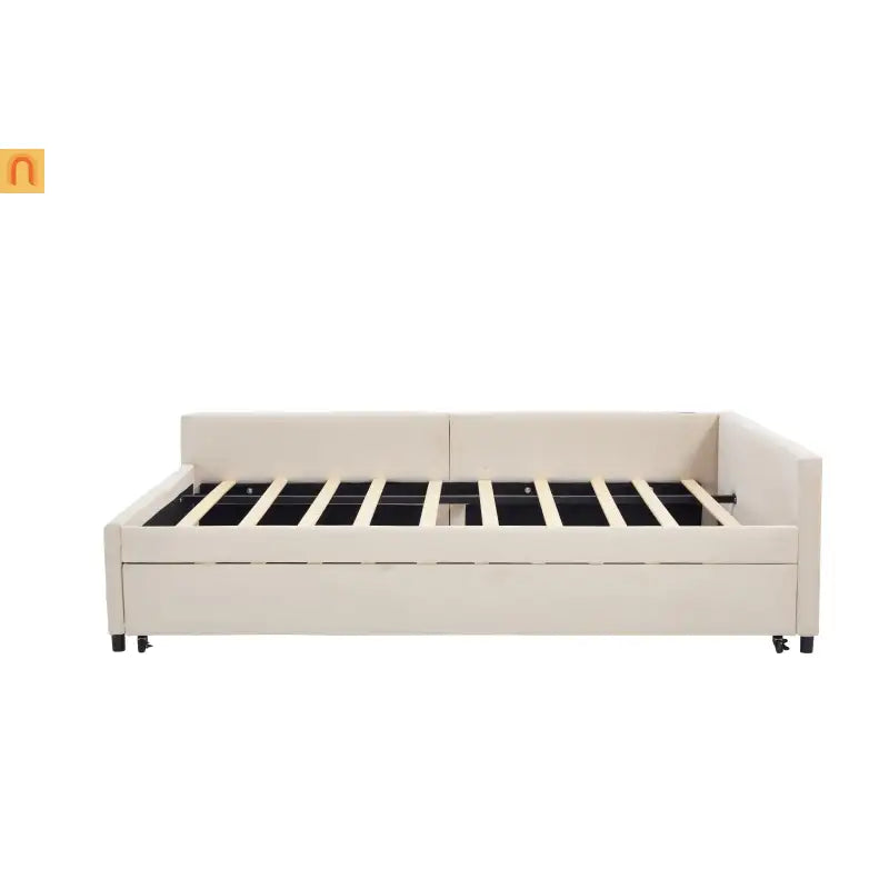 Bed Frame Daybed Velvet Beige Diamond Grid Pull-Out Trundle Full
