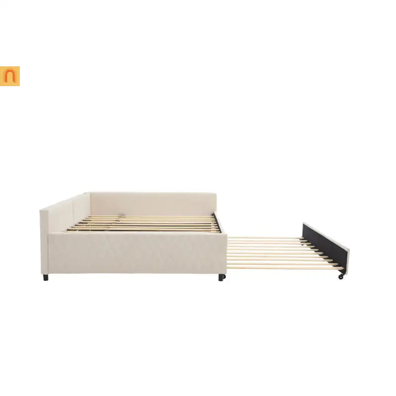 Bed Frame Daybed Velvet Beige Diamond Grid Pull-Out Trundle Full