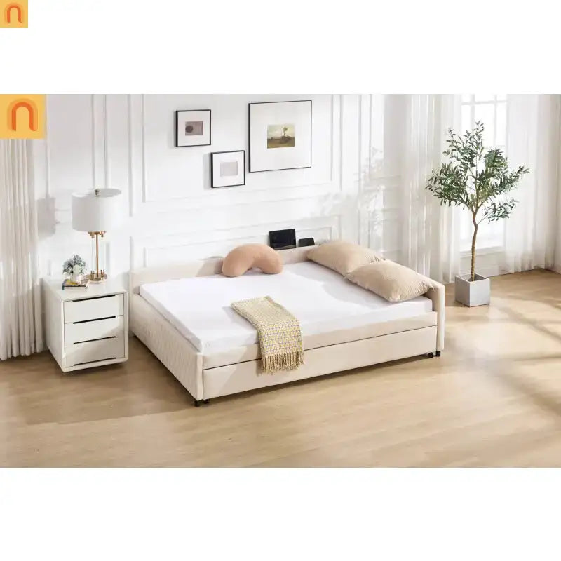 Bed Frame Daybed Velvet Beige Diamond Grid Pull-Out Trundle Full