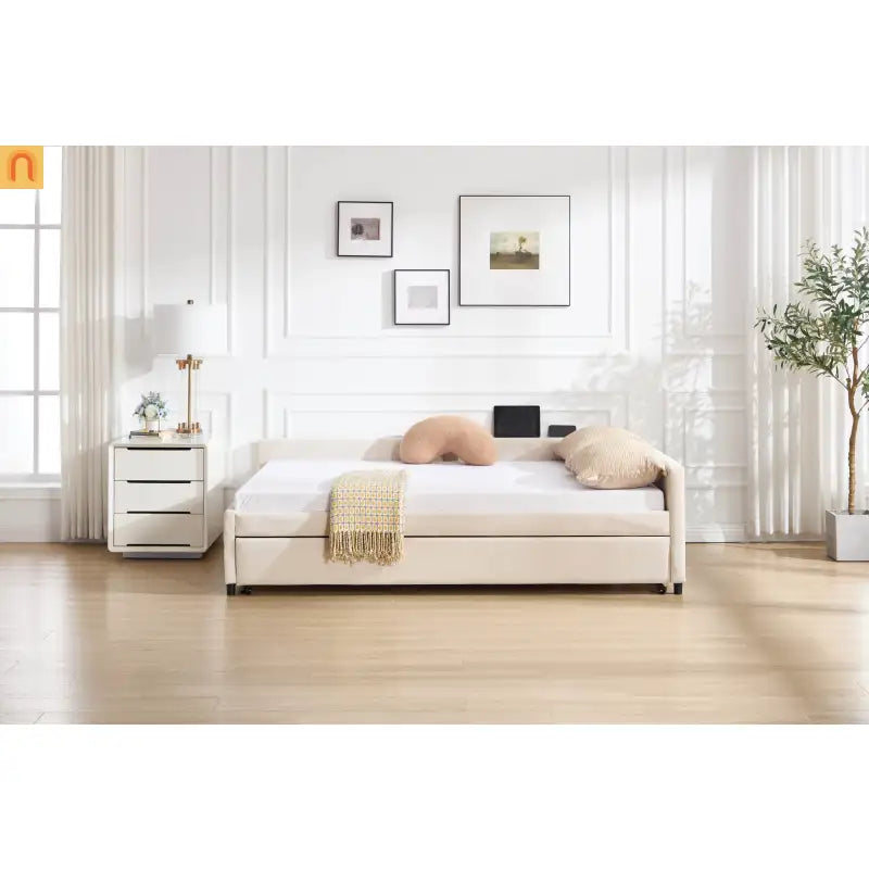 Bed Frame Daybed Velvet Beige Diamond Grid Pull-Out Trundle Full