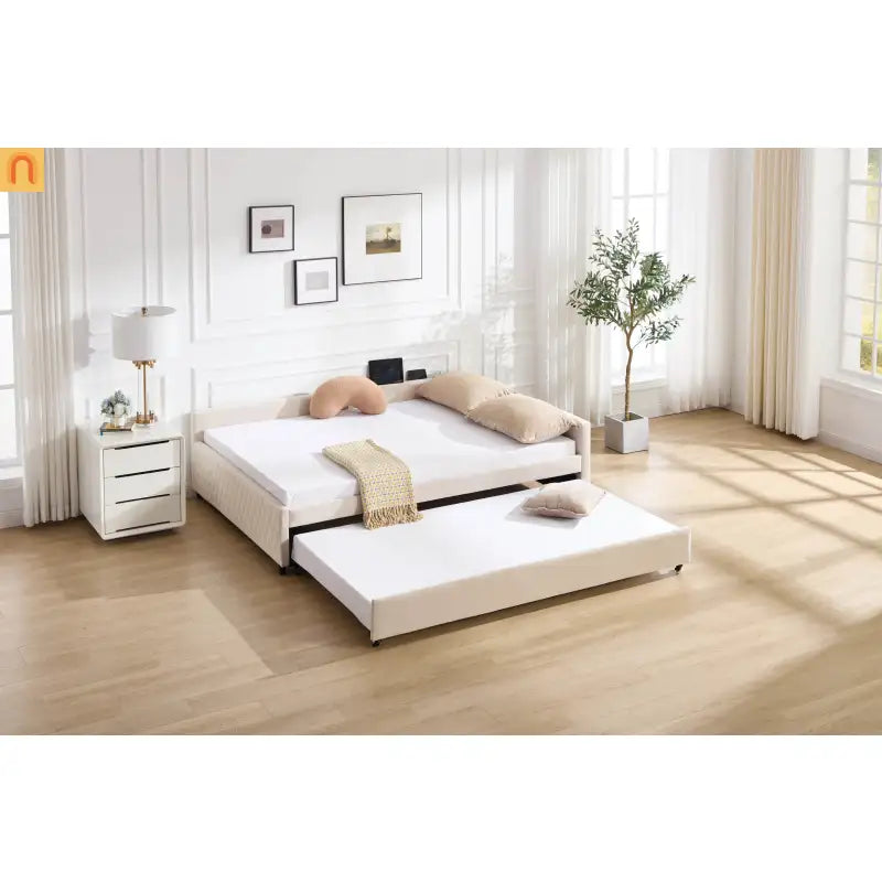Bed Frame Daybed Velvet Beige Diamond Grid Pull-Out Trundle Full