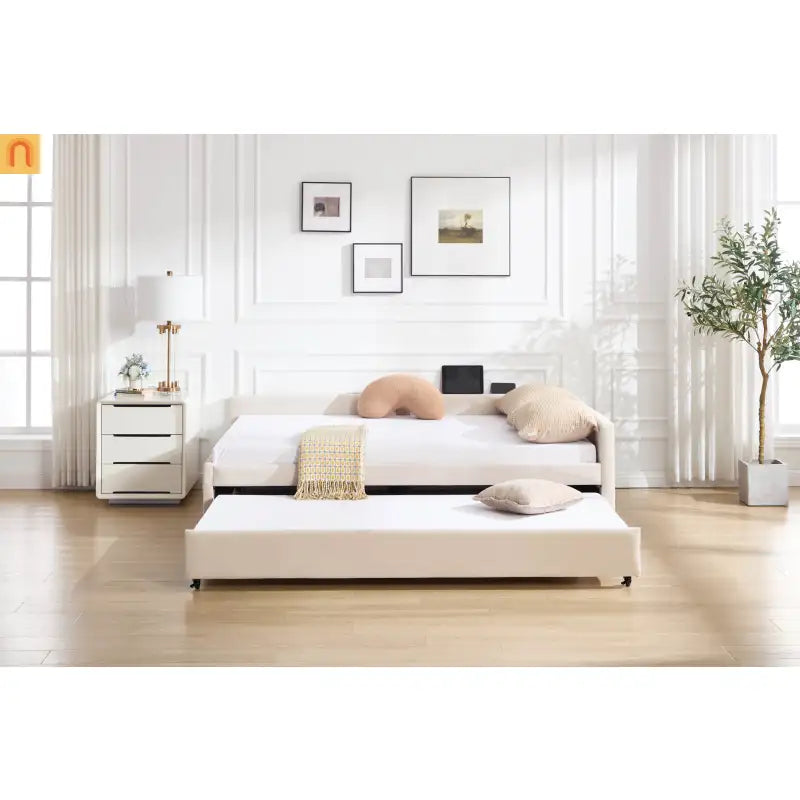Bed Frame Daybed Velvet Beige Diamond Grid Pull-Out Trundle Full