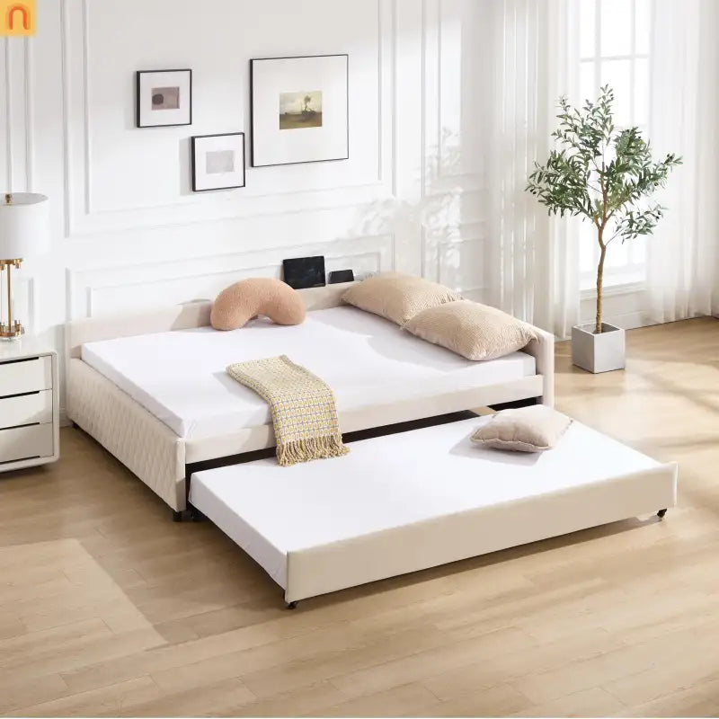 Bed Frame Daybed Velvet Beige Diamond Grid Pull-Out Trundle Full