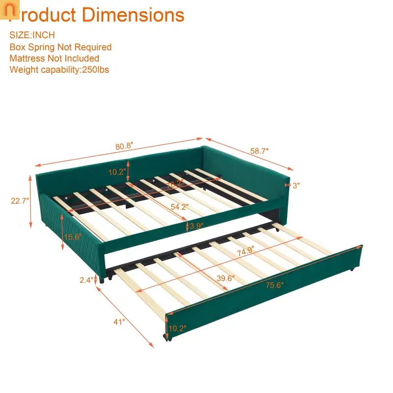 Bed Frame Daybed Velvet Emerald Diamond Grid Pull-Out Trundle Full