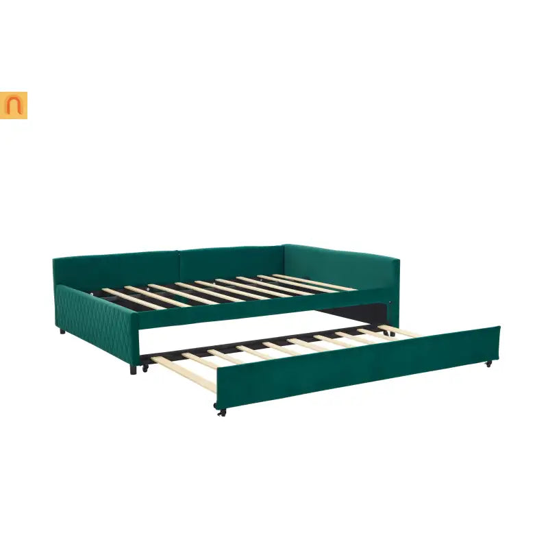 Bed Frame Daybed Velvet Emerald Diamond Grid Pull-Out Trundle Full