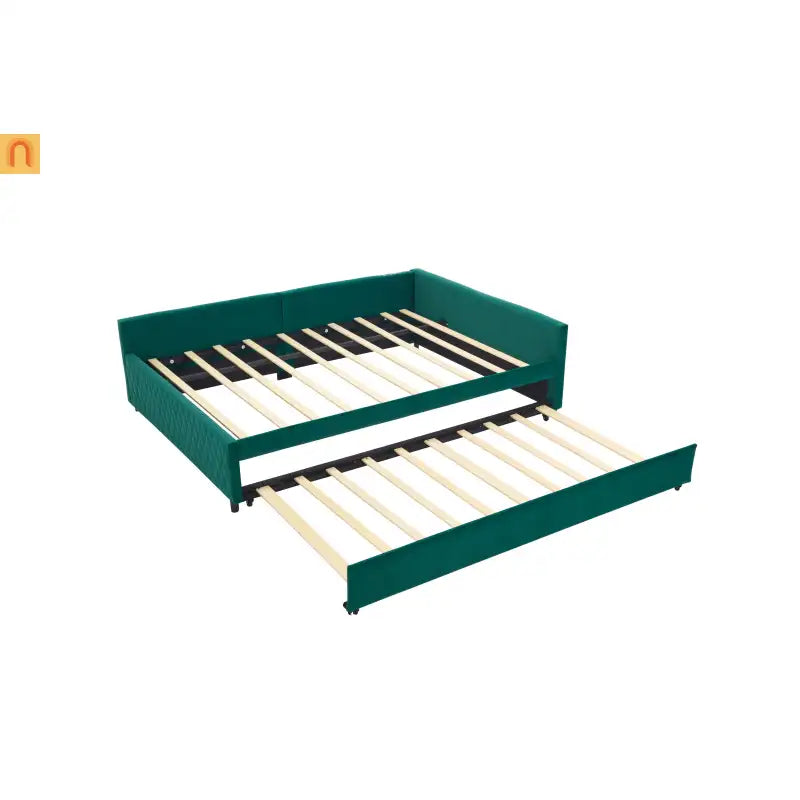 Bed Frame Daybed Velvet Emerald Diamond Grid Pull-Out Trundle Full