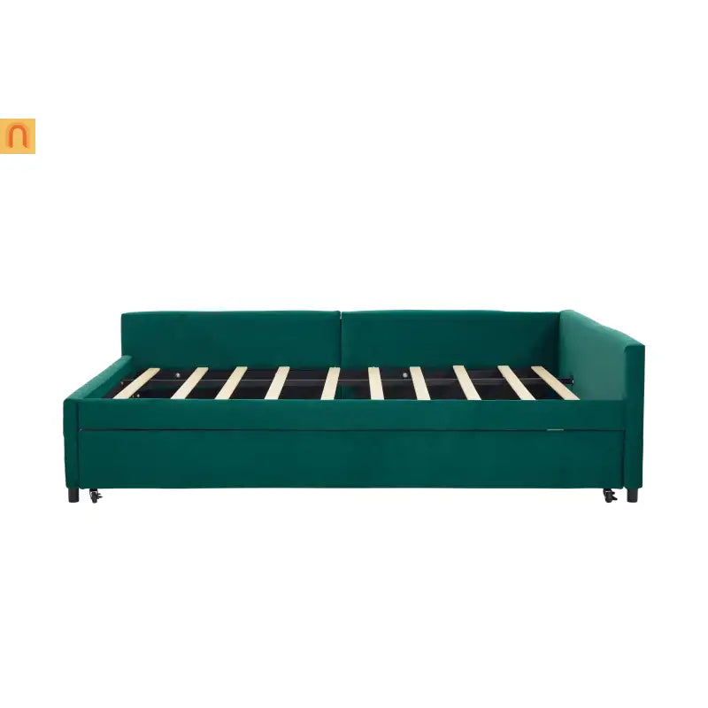 Bed Frame Daybed Velvet Emerald Diamond Grid Pull-Out Trundle Full