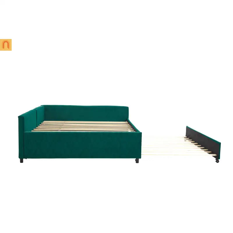Bed Frame Daybed Velvet Emerald Diamond Grid Pull-Out Trundle Full