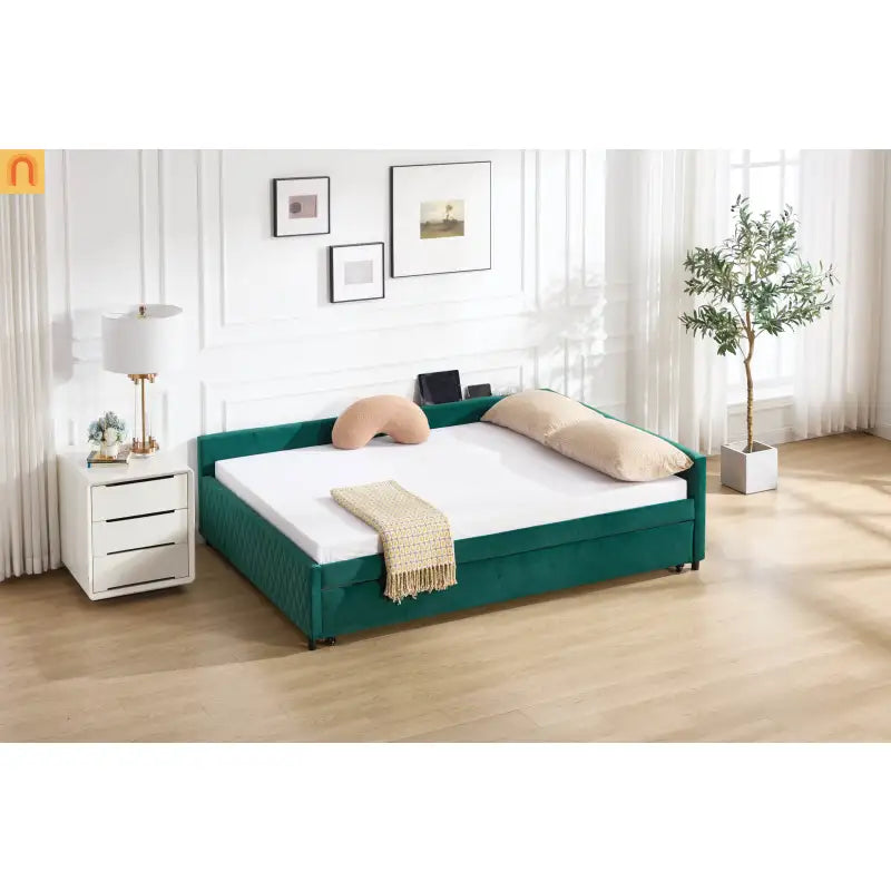 Bed Frame Daybed Velvet Emerald Diamond Grid Pull-Out Trundle Full