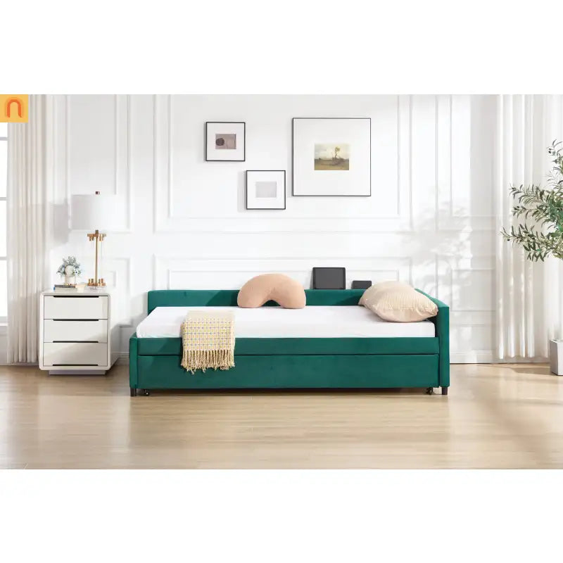 Bed Frame Daybed Velvet Emerald Diamond Grid Pull-Out Trundle Full