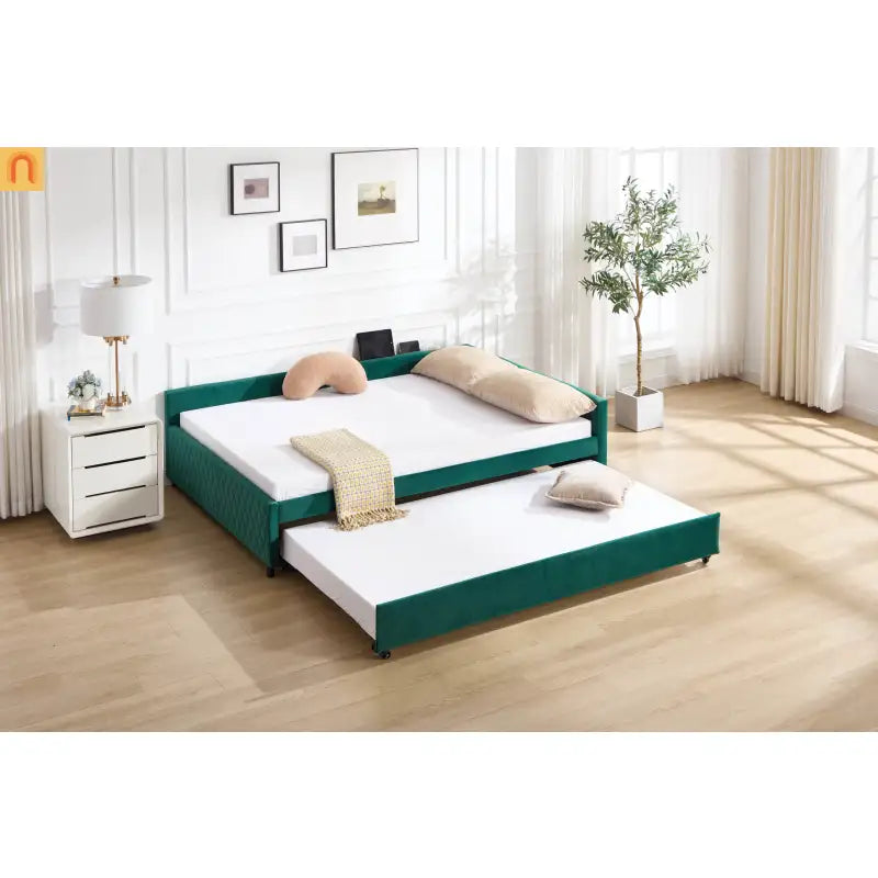 Bed Frame Daybed Velvet Emerald Diamond Grid Pull-Out Trundle Full