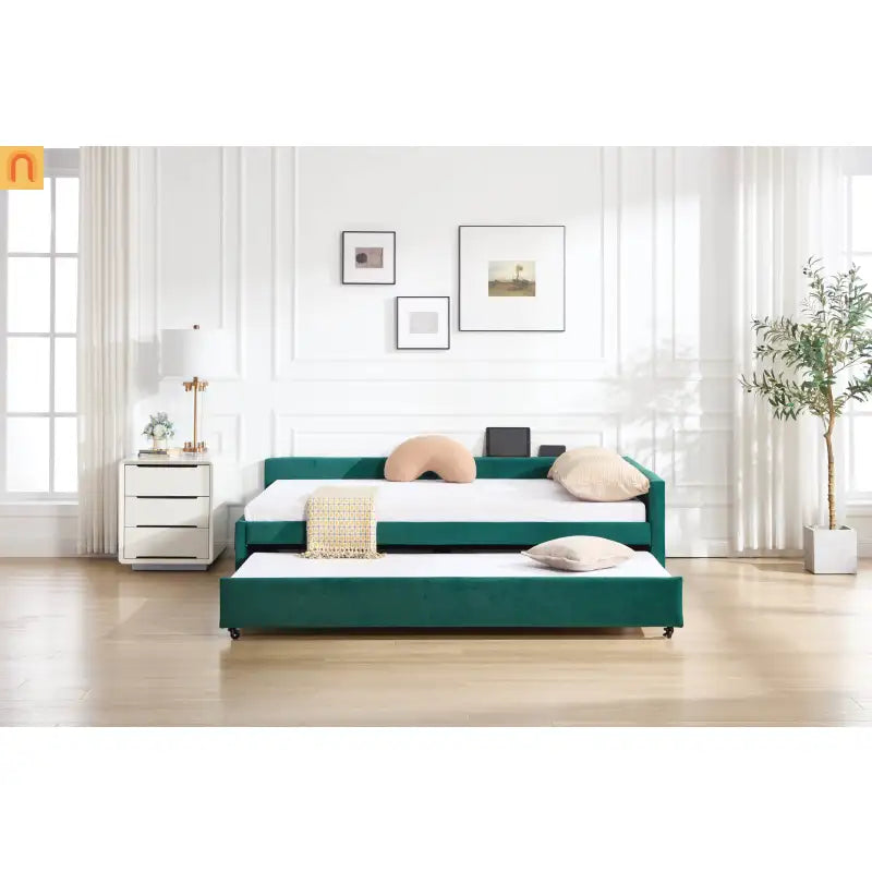 Bed Frame Daybed Velvet Emerald Diamond Grid Pull-Out Trundle Full
