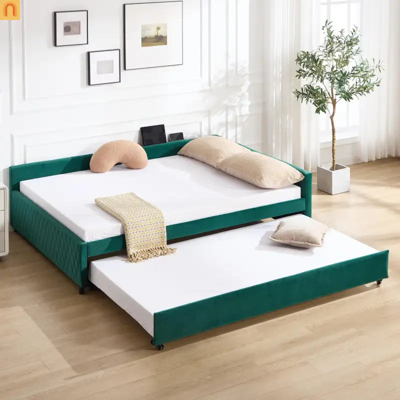 Bed Frame Daybed Velvet Emerald Diamond Grid Pull-Out Trundle Full