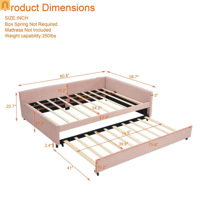 Bed Frame Daybed Velvet Pink Diamond Grid Pull-Out Trundle Full