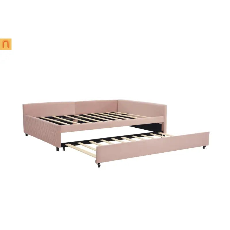 Bed Frame Daybed Velvet Pink Diamond Grid Pull-Out Trundle Full