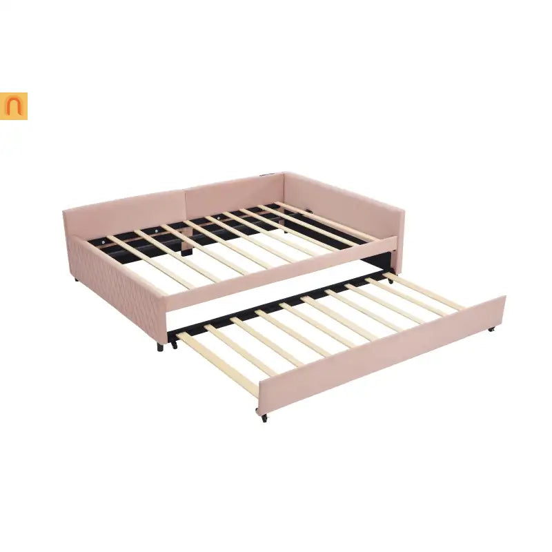 Bed Frame Daybed Velvet Pink Diamond Grid Pull-Out Trundle Full