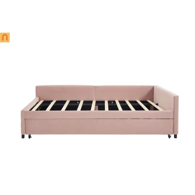 Bed Frame Daybed Velvet Pink Diamond Grid Pull-Out Trundle Full
