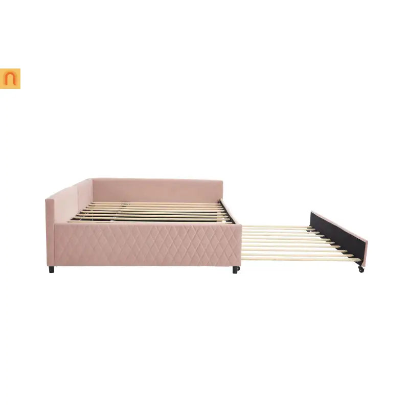 Bed Frame Daybed Velvet Pink Diamond Grid Pull-Out Trundle Full