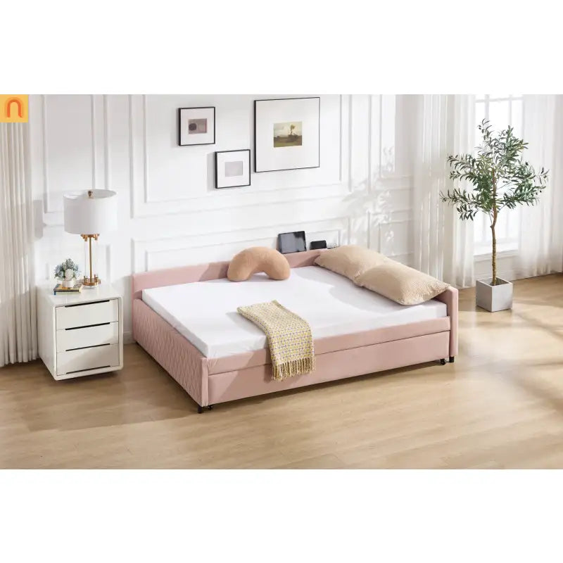 Bed Frame Daybed Velvet Pink Diamond Grid Pull-Out Trundle Full
