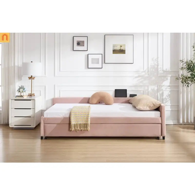 Bed Frame Daybed Velvet Pink Diamond Grid Pull-Out Trundle Full