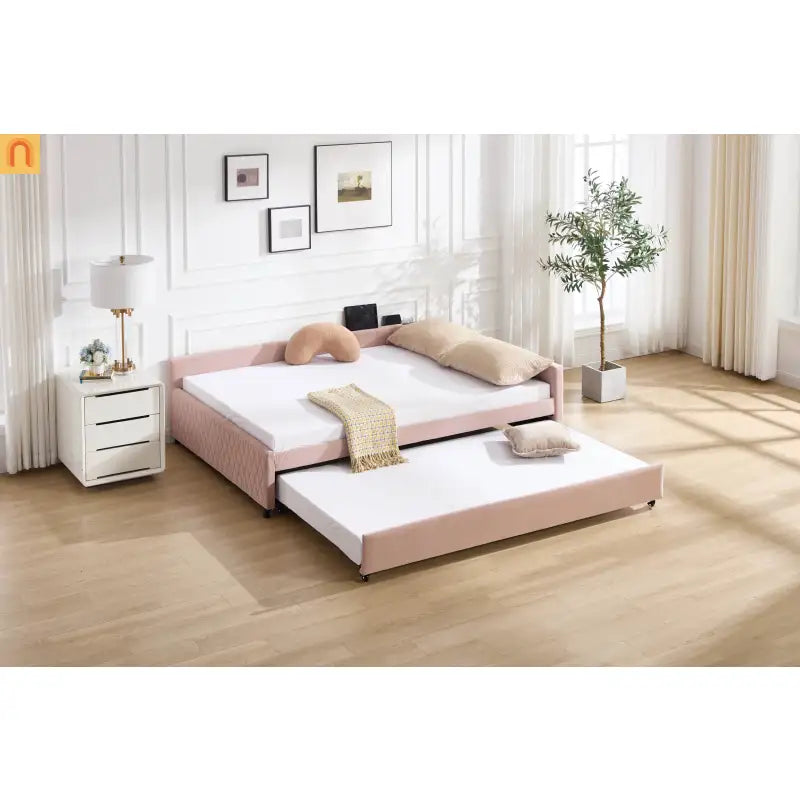 Bed Frame Daybed Velvet Pink Diamond Grid Pull-Out Trundle Full