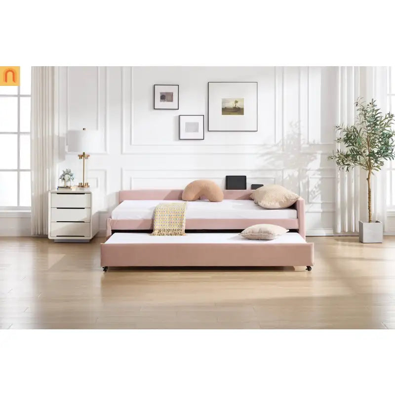 Bed Frame Daybed Velvet Pink Diamond Grid Pull-Out Trundle Full