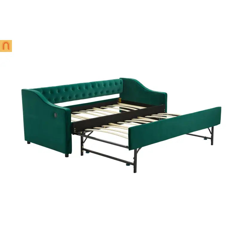 Twin Daybed Velvet Emerald Button Tufted USB Side Pockets