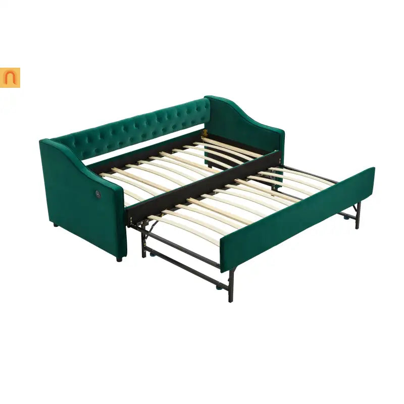 Twin Daybed Velvet Emerald Button Tufted USB Side Pockets