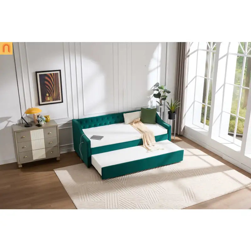 Twin Daybed Velvet Emerald Button Tufted USB Side Pockets