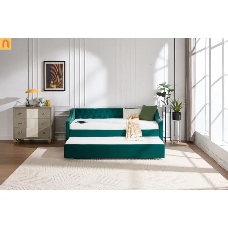 Twin Daybed Velvet Emerald Button Tufted USB Side Pockets