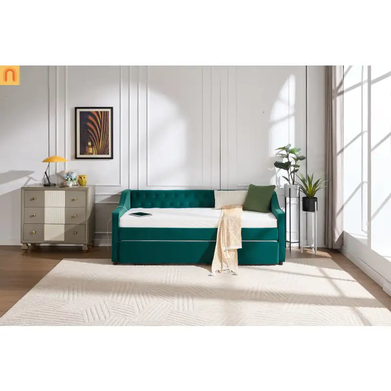 Twin Daybed Velvet Emerald Button Tufted USB Side Pockets