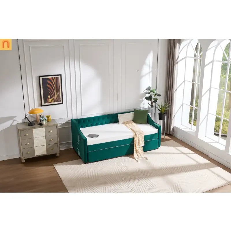 Twin Daybed Velvet Emerald Button Tufted USB Side Pockets