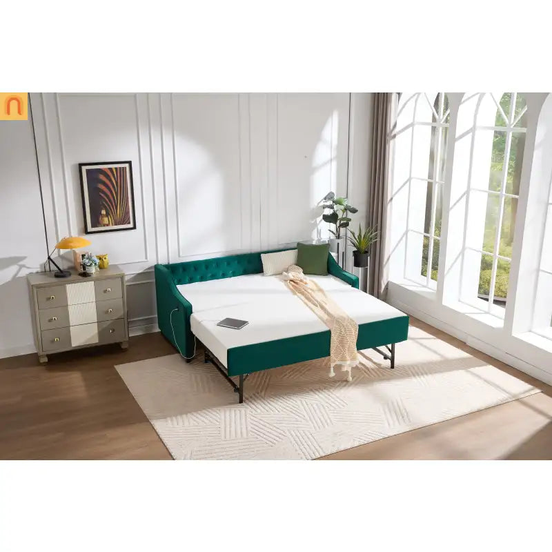 Twin Daybed Velvet Emerald Button Tufted USB Side Pockets