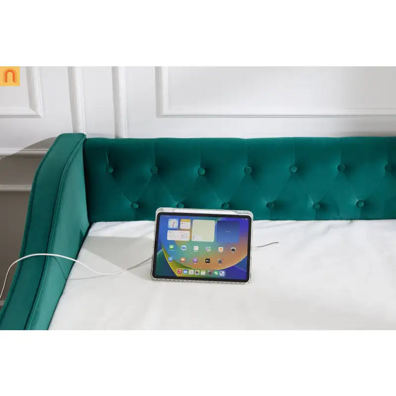 Twin Daybed Velvet Emerald Button Tufted USB Side Pockets
