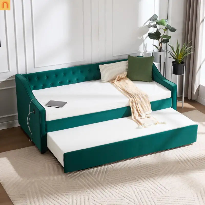 Twin Daybed Velvet Emerald Button Tufted USB Side Pockets
