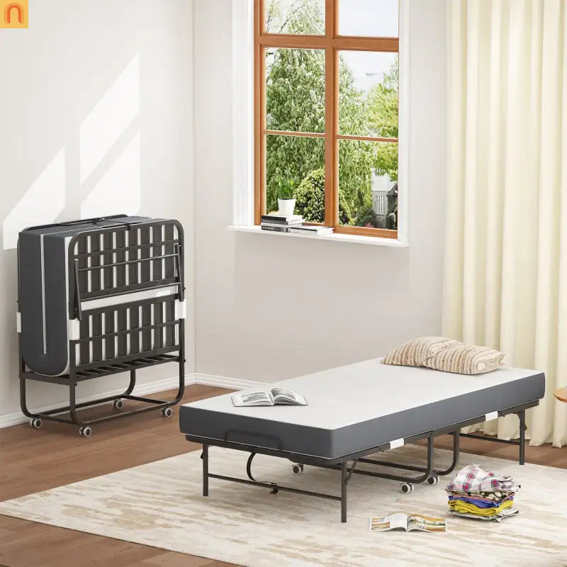 Bed Frame Rollaway Folding Metal Black Twin Memory Foam 74.8in