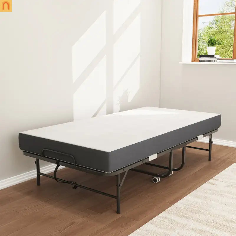 Bed Frame Rollaway Folding Metal Black Twin Memory Foam 74.8in