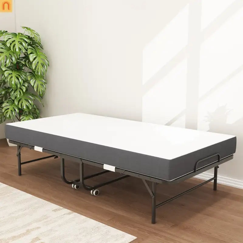 Bed Frame Rollaway Folding Metal Black Twin Memory Foam 74.8in