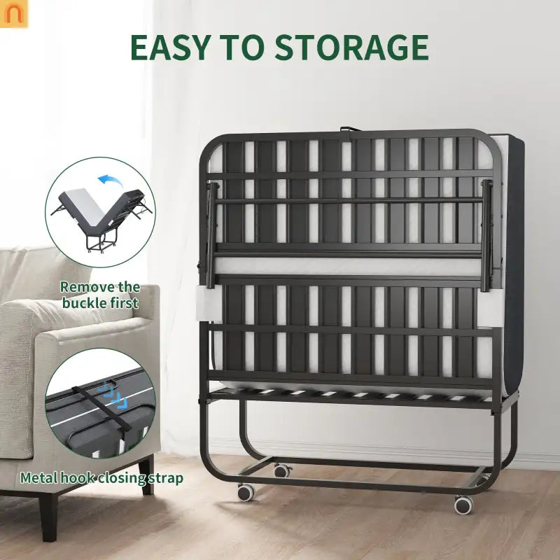 Bed Frame Rollaway Folding Metal Black Twin Memory Foam 74.8in