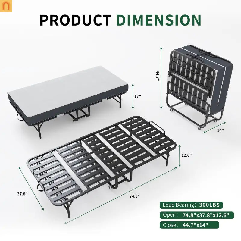 Bed Frame Rollaway Folding Metal Black Twin Memory Foam 74.8in