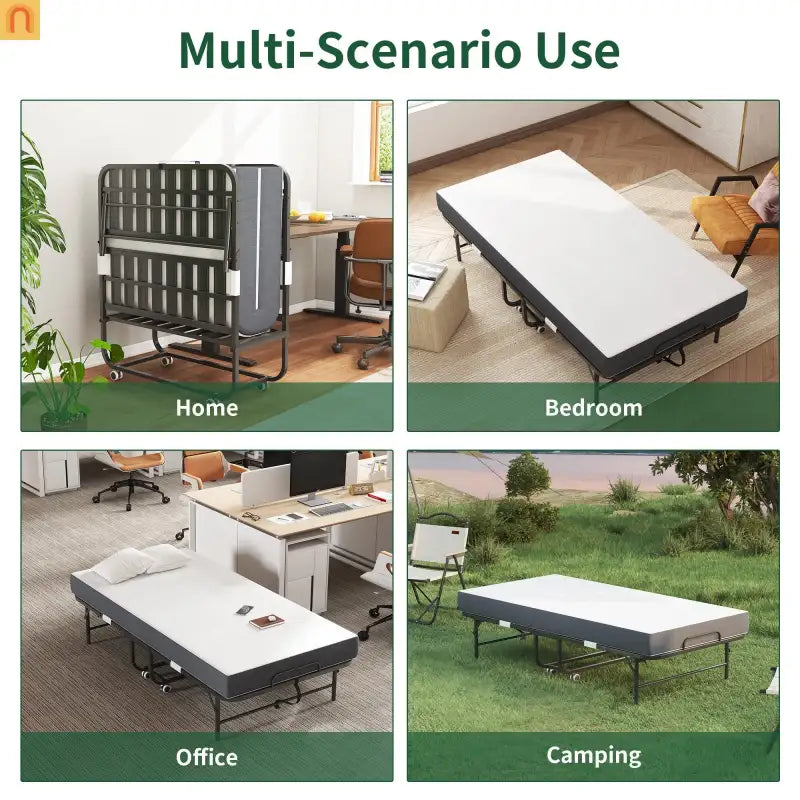 Bed Frame Rollaway Folding Metal Black Twin Memory Foam 74.8in