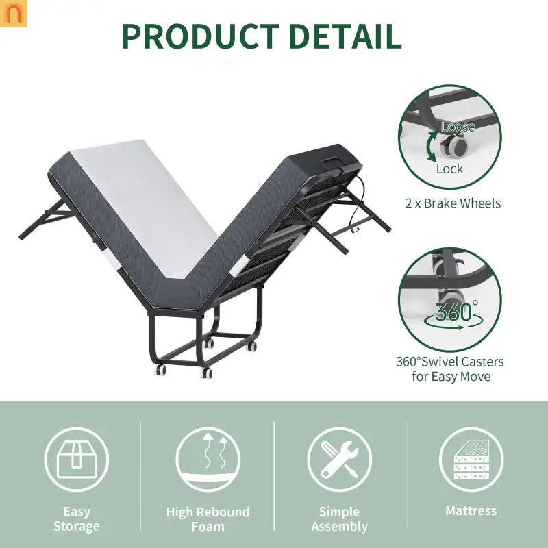 Bed Frame Rollaway Folding Metal Black Twin Memory Foam 74.8in