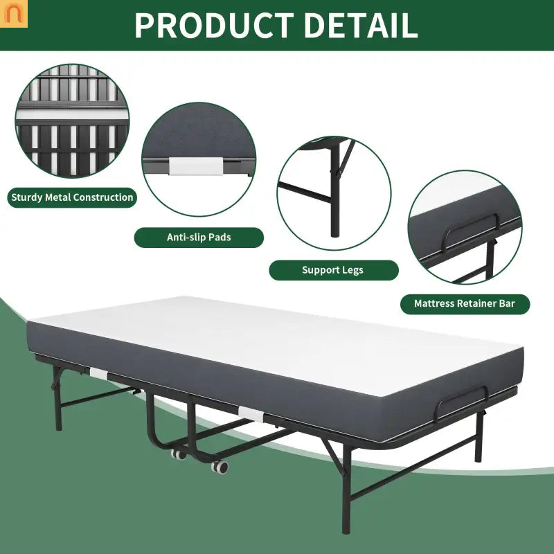 Bed Frame Rollaway Folding Metal Black Twin Memory Foam 74.8in