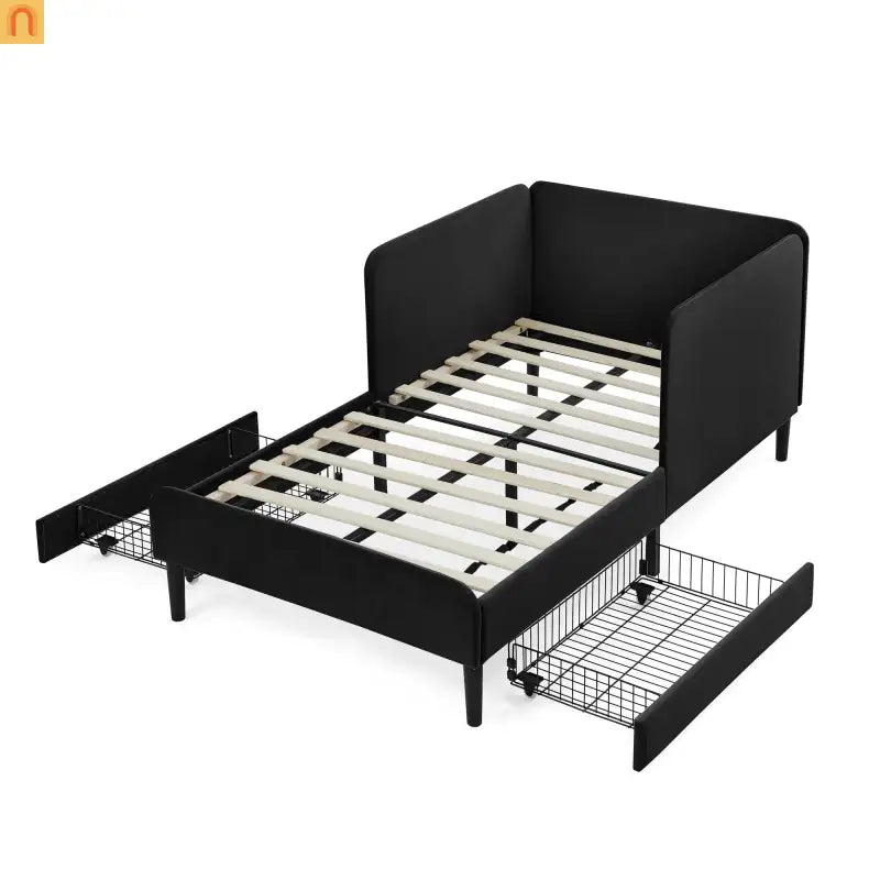 Bed Frame Daybed Platform Velvet Black Twin 2 Drawers 300 lb