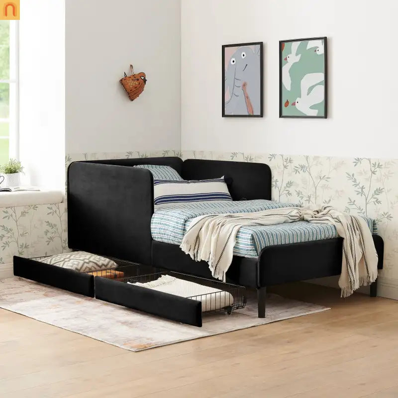 Bed Frame Daybed Platform Velvet Black Twin 2 Drawers 300 lb