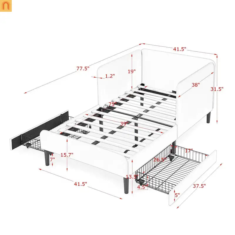 Bed Frame Daybed Platform Velvet Black Twin 2 Drawers 300 lb