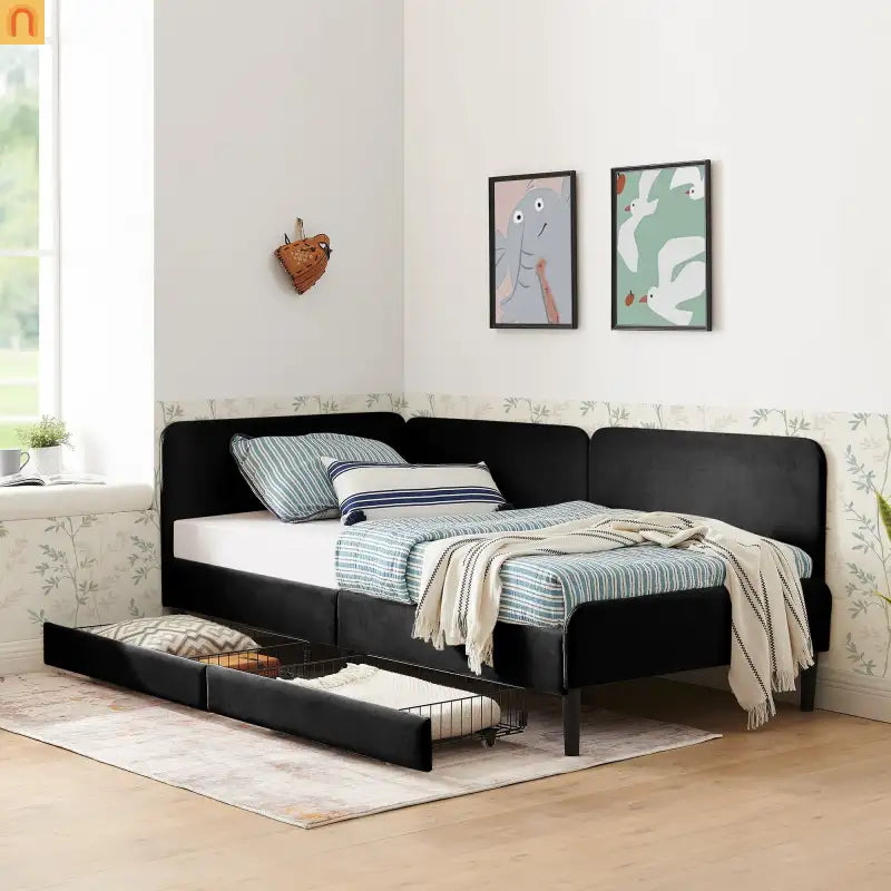 Bed Frame Daybed Platform Velvet Black Twin 2 Drawers 300 lb