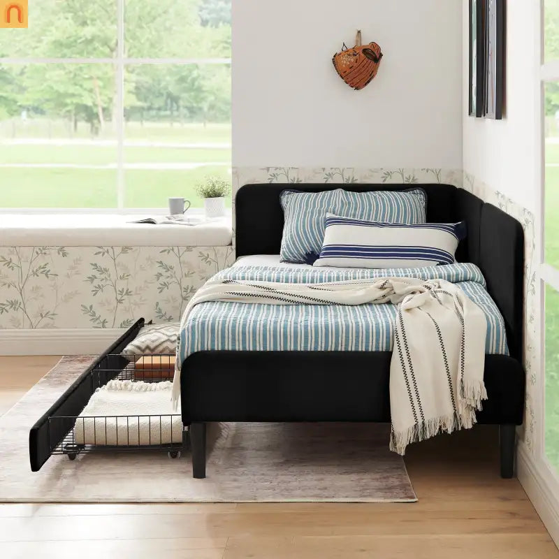Bed Frame Daybed Platform Velvet Black Twin 2 Drawers 300 lb